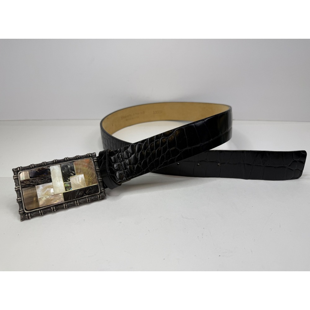 Streets Ahead Black Croc Embossed Leather Belt Mother of Pearl Abalone Buckle L